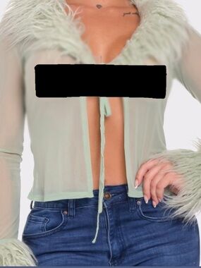 Mint Green Sheer Feather-Trim Tie Front Camisole please read the description